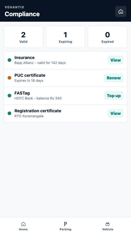 VehAnTix Android compliance screen showing valid and expiring documents