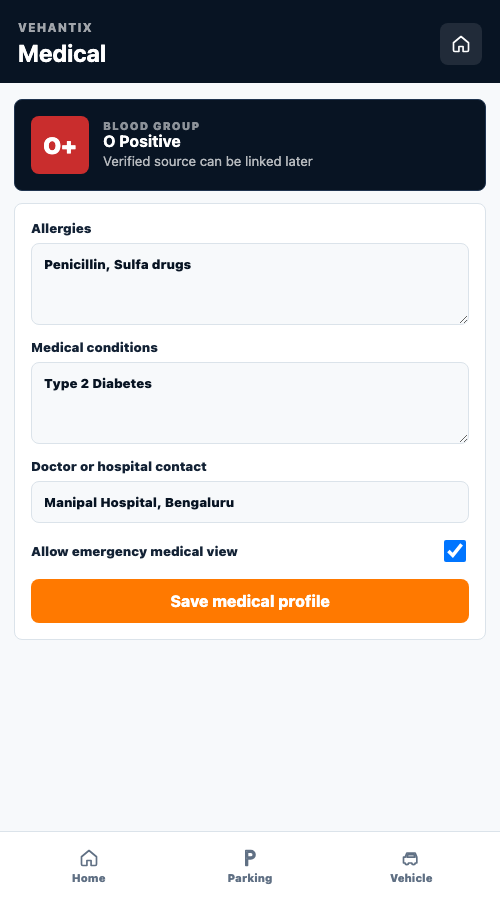 VehAnTix Android medical profile screen