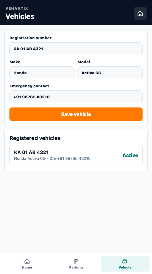 VehAnTix Android vehicle management screen
